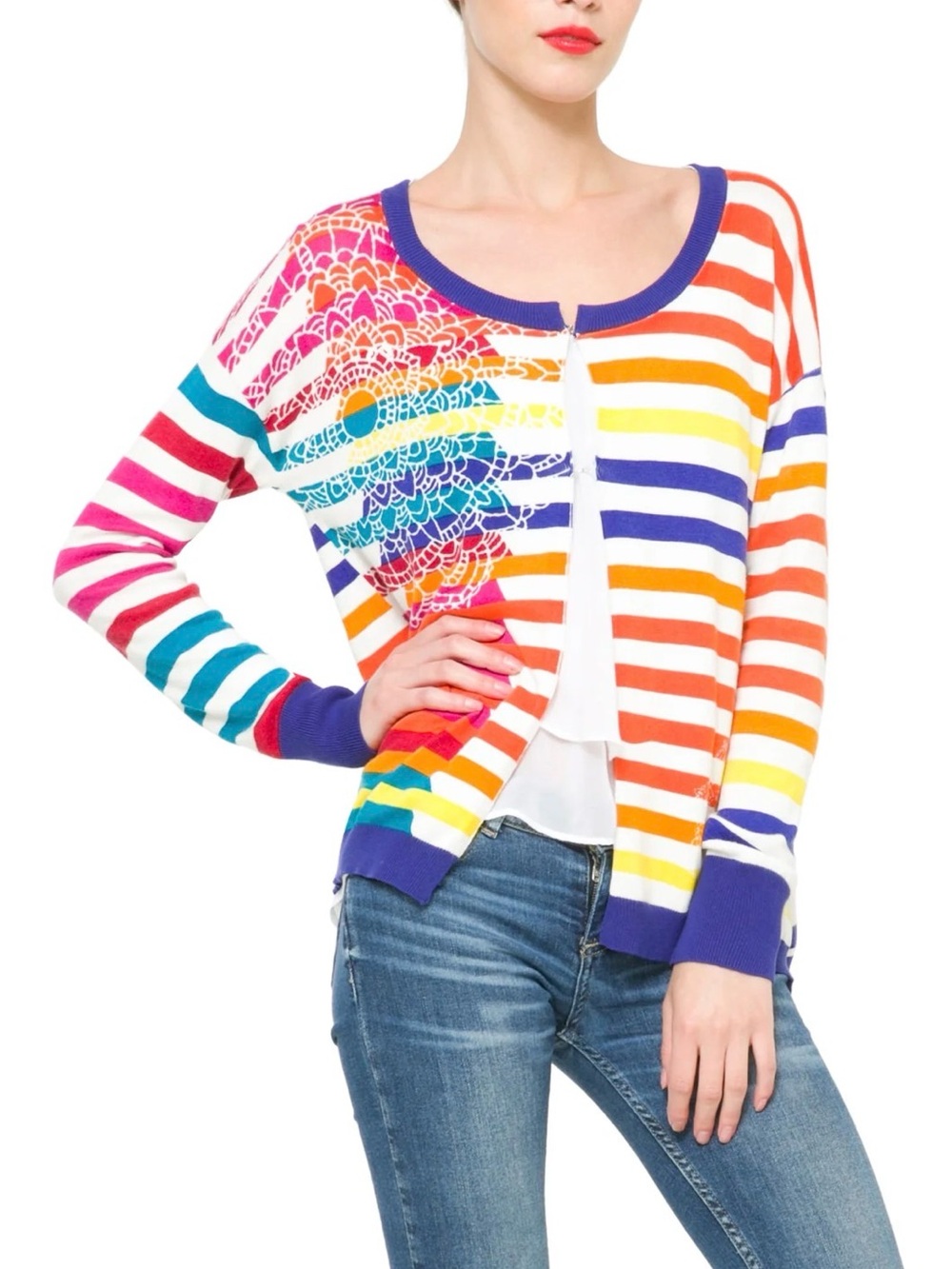 Desigual Beatriz Bright Rainbow Striped Cardigan Sweater Women's Size US L